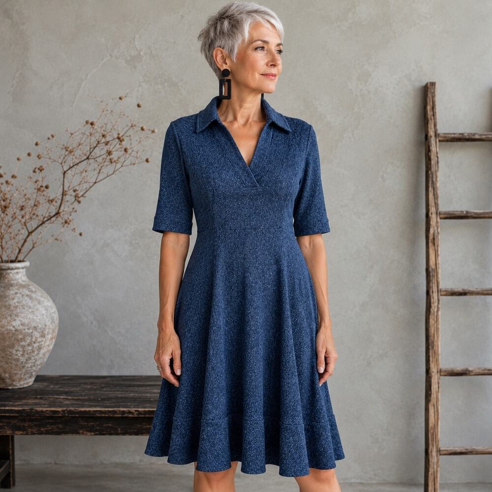 White House Black Market Blue Space Dye Split V Collared  Fit & Flare  Dress 10